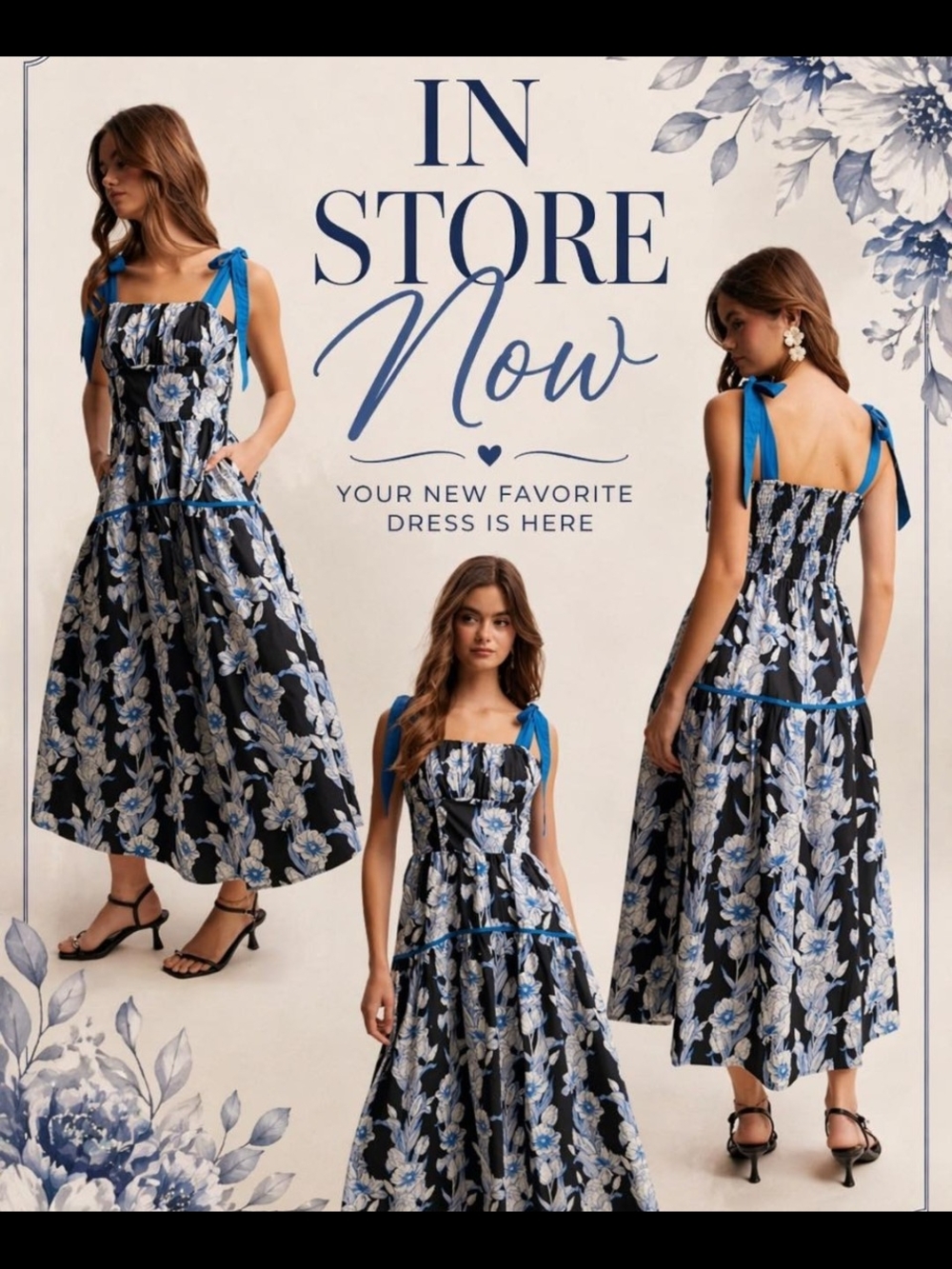 Listicle Black & Light Blue Floral Tie-Shoulder Midi Dress